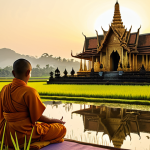 ** A serene Buddhist temple at sunrise in Thailand. Golden light illuminates the intricate details of the temple architecture. Monks in saffron robes are peacefully meditating. Rice paddies are visible in the distance, reflecting the sunlight.

**