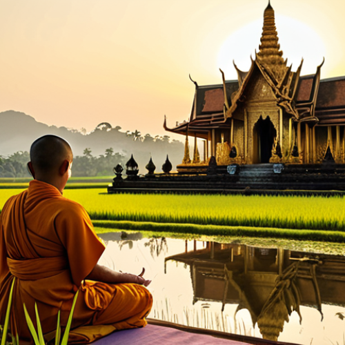 Home 11 ** A serene Buddhist temple at sunrise in Thailand. Golden light illuminates the intricate details of the temple architecture. Monks in saffron robes are peacefully meditating. Rice paddies are visible in the distance, reflecting the sunlight.
**