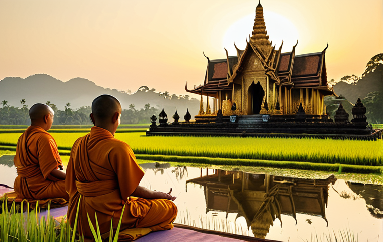 ** A serene Buddhist temple at sunrise in Thailand. Golden light illuminates the intricate details of the temple architecture. Monks in saffron robes are peacefully meditating. Rice paddies are visible in the distance, reflecting the sunlight.

**