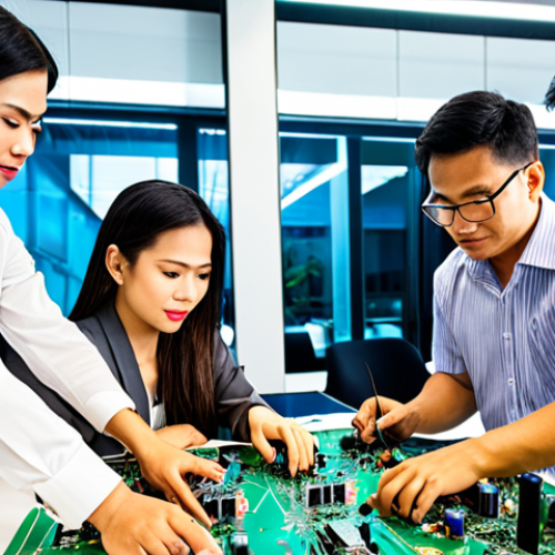 Home 10 **
* **Prompt:** A diverse team of professionals collaborating on electronic circuit boards in a modern, brightly lit office in Bangkok. Focus on showing innovation, teamwork, and technological advancement. Include elements that subtly represent Thai culture.
**