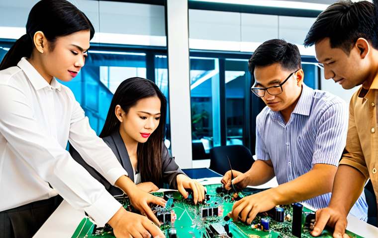 **

*   **Prompt:** A diverse team of professionals collaborating on electronic circuit boards in a modern, brightly lit office in Bangkok. Focus on showing innovation, teamwork, and technological advancement. Include elements that subtly represent Thai culture.

**