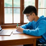 Home 18 전자기기 시험 준비 타임라인 - A focused Thai student studying at a wooden desk in a cozy room with natural daylight streaming thro...