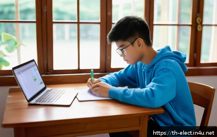 전자기기 시험 준비 타임라인 - A focused Thai student studying at a wooden desk in a cozy room with natural daylight streaming thro...