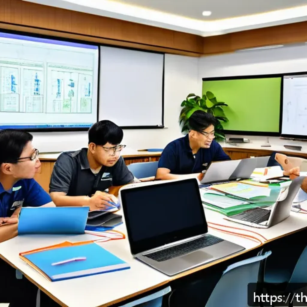 전자기기 자격증 대비 추천 학원 - A modern classroom scene in Bangkok featuring a diverse group of adult students attentively attendin...