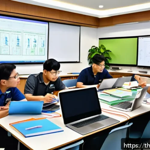 Home 29 전자기기 자격증 대비 추천 학원 - A modern classroom scene in Bangkok featuring a diverse group of adult students attentively attendin...