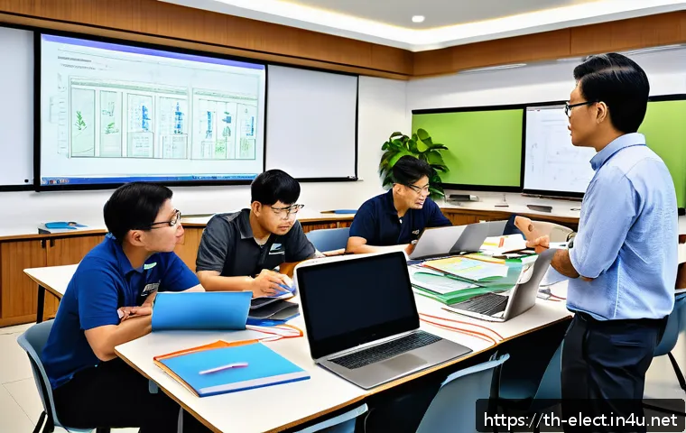 전자기기 자격증 대비 추천 학원 - A modern classroom scene in Bangkok featuring a diverse group of adult students attentively attendin...