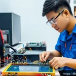 Home 16 전자기기 연봉 상승에 유리한 자격증 - A detailed, realistic scene of a young Thai electronics technician in a modern workshop, wearing a b...