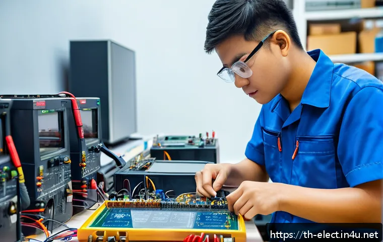 전자기기 연봉 상승에 유리한 자격증 - A detailed, realistic scene of a young Thai electronics technician in a modern workshop, wearing a b...